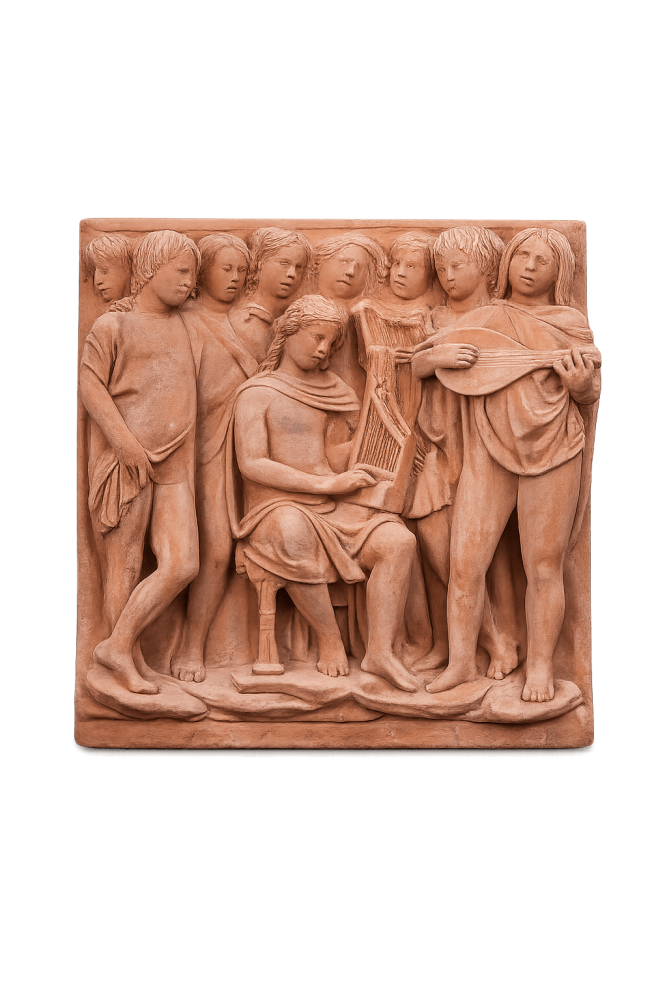 Relief mural en terre cuite d’Impruneta inspiré de Luca della Robbia – esthétique de la Renaissance italienne